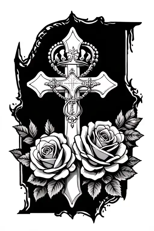 Catholic Cross with crown surrounded by roses tattoo design idea