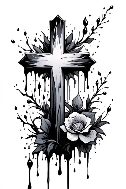 dainty cross with flowing blood tattoo design idea