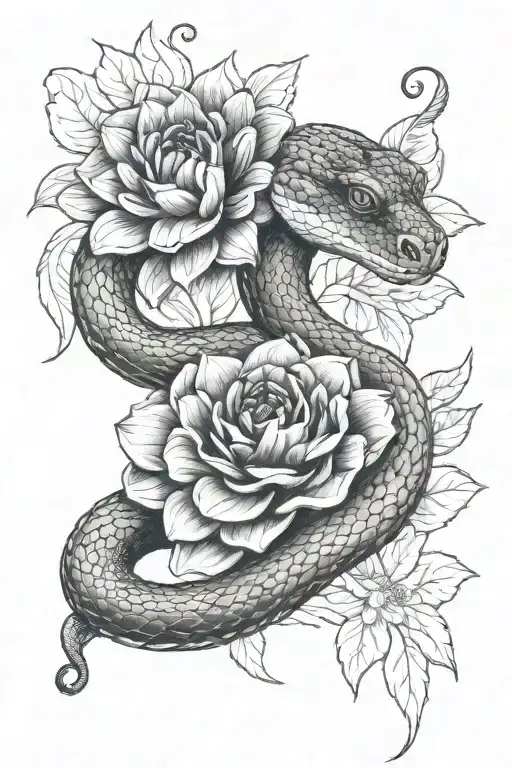 snake coiled around dahlia flower tattoo design idea