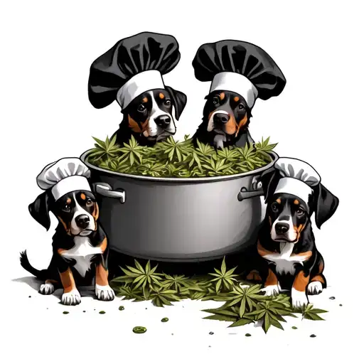 A pack of loyal dogs wearing chef hats, sitting around a cooking pot filled with marijuana leaves tattoo design idea