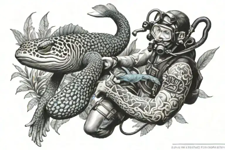 scuba diver and moray eel tattoo design idea