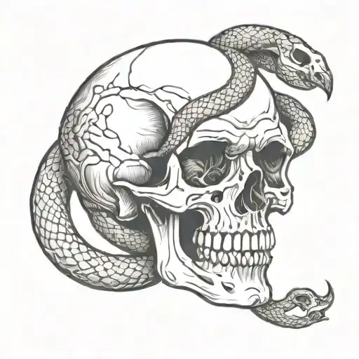 traditional skull with snake no heavy lines tattoo design idea