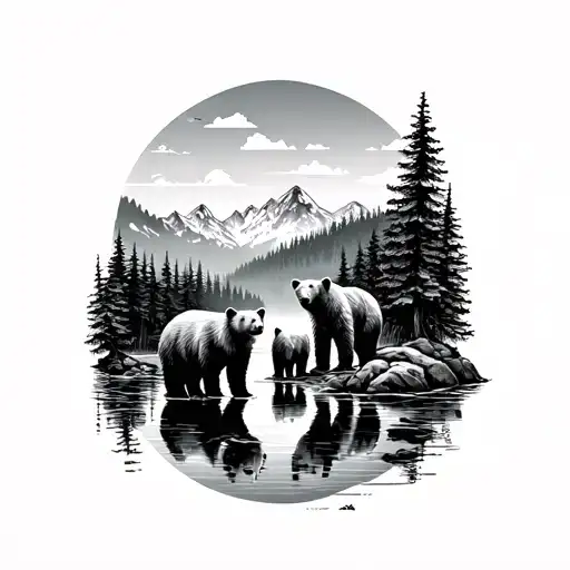 family of 5 bears by a river surrounded by trees and mountains  tattoo design idea