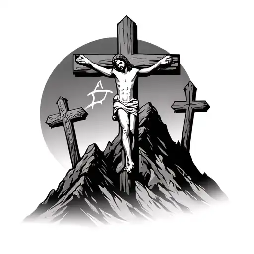 mountain woth 3 crosses with a big one that has the jesus on top with cliyd behind tattoo design idea