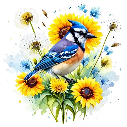 blue jay surrounded by wild sunflowers, gladiolus and dandelions with dandelion seeds flying tattoo design idea