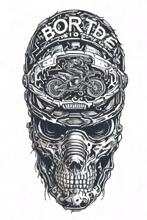 "Born To Ride" texi in horror style on top , under head of motocross helmet  and  below dirt bike tire mark tattoo design idea