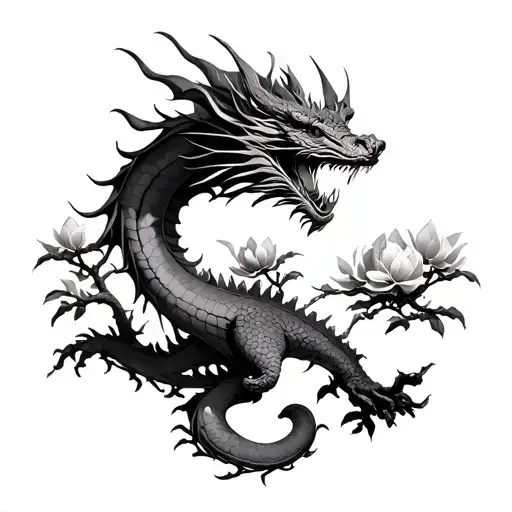 Magnolia, Bonsai Tree, Dragon, Da Vinci. tattoo design idea