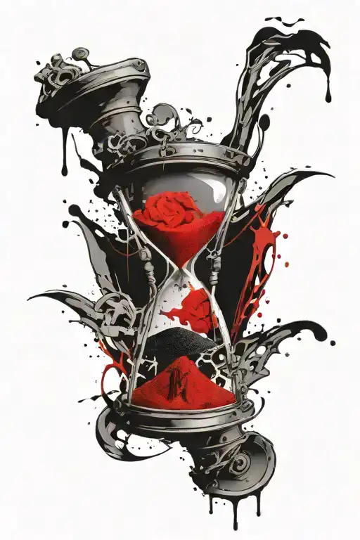 an hourglass that associates human life, the lower part is broken and the sand pours out and forms a smooth central trac tattoo design idea