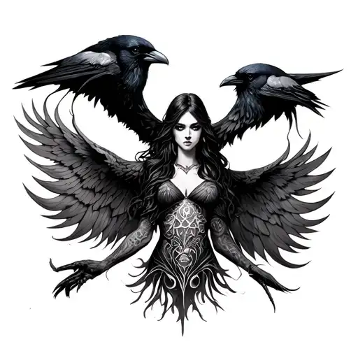 the Morrigan full sleeve tattoo Magick and crows death tattoo design idea