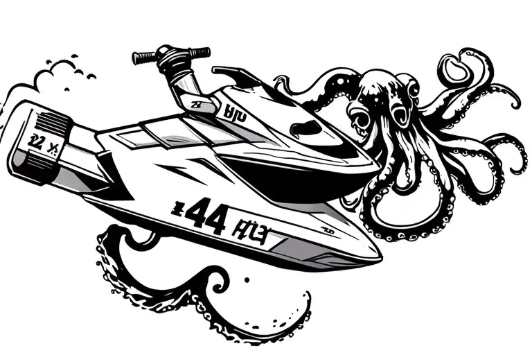 stand up jetski in a bottle, bold lines, number 44 on the jetski, with an octopus trying to eat the bottle tattoo design idea