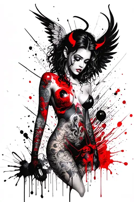 half angel (female) half devil (female) tattoo design idea