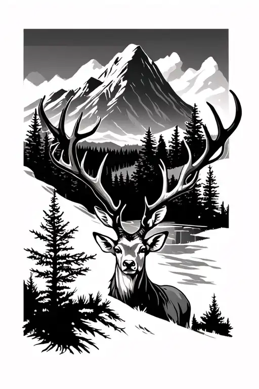pine forest with mountain in background black and a stag looking at viewer tattoo design idea