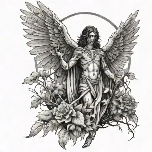 angel of death with forest in the background tattoo design idea