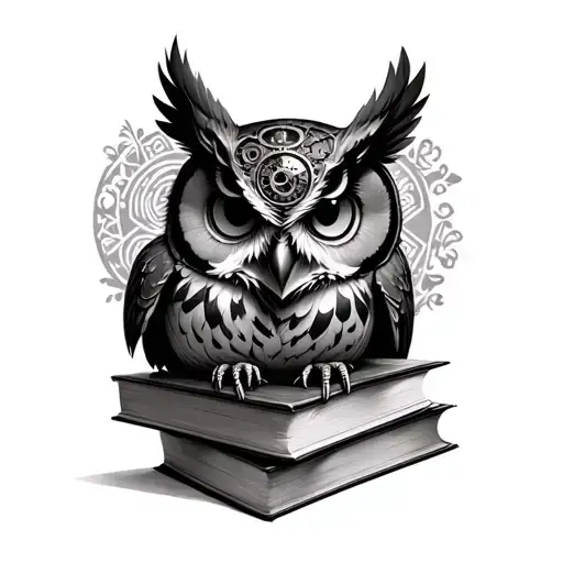 A realistic owl tattoo with steampunk elements under books. Tattoo tattoo design idea