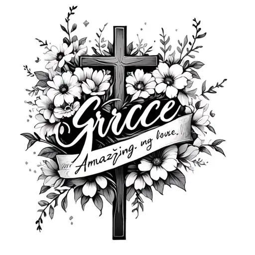 amazing grace lyrics and cross and bright flowers growing tattoo design idea