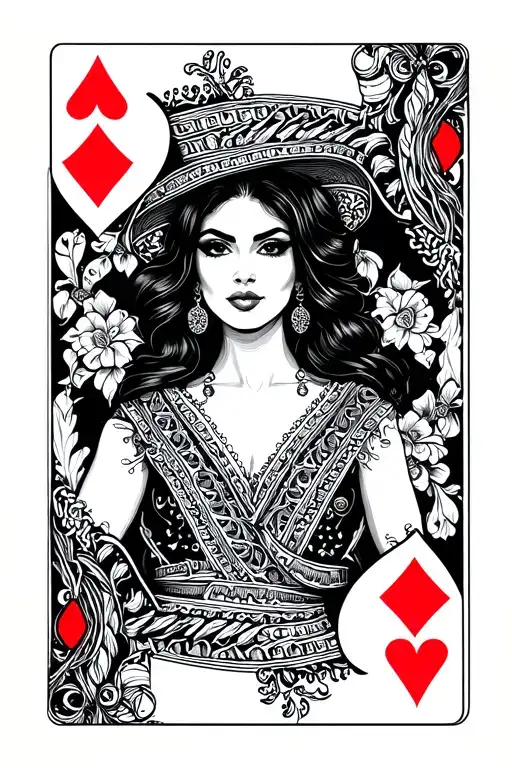 Queen of hearts card with Mexican American woman posing, Black and white tattoo design idea