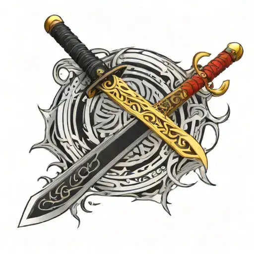 a black katana sword with electric veins red and a golden sword emitting golden aura tattoo design idea