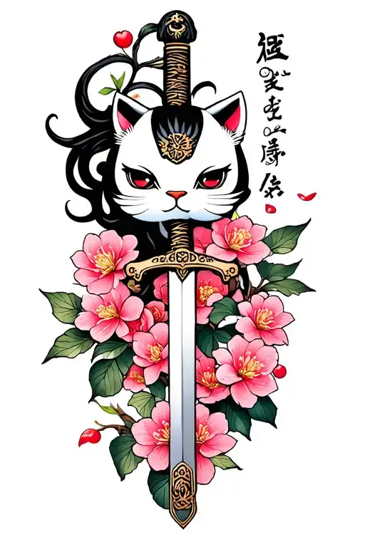 "Sweetlove and Blackburn" pixiu with sword and cherry blossoms tattoo design idea
