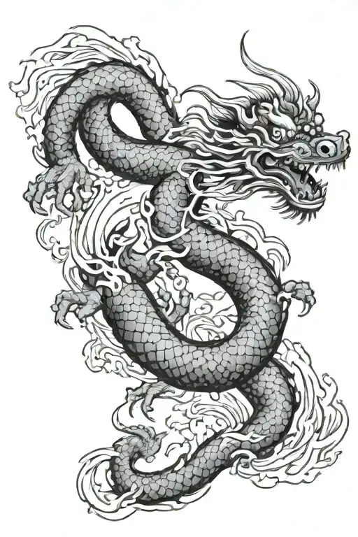 traditional black and white korean water dragon, with 4 claws per hand, and water streaks swirling around the dragon  tattoo design idea
