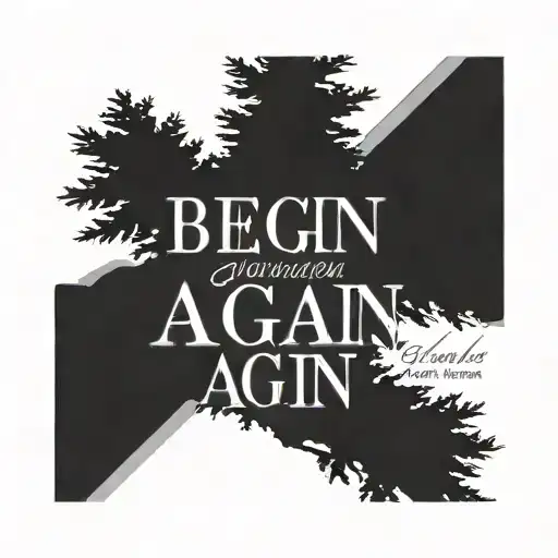 cedar tree surrounded by words "begin again" written tattoo design idea