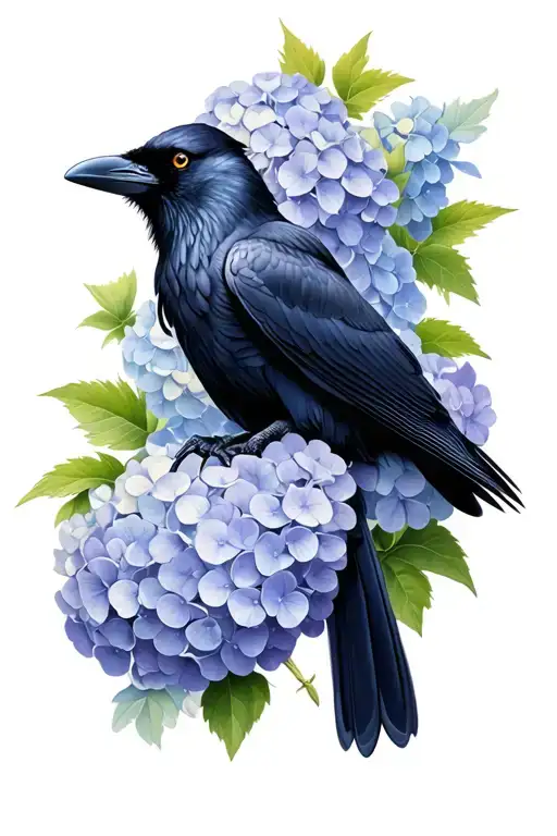 lifelike Raven with hydrangeas behind it from top right tattoo design idea