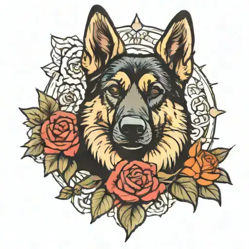  mostly black and some tan plush coat German shepherd dog surrounded by roses tattoo design idea