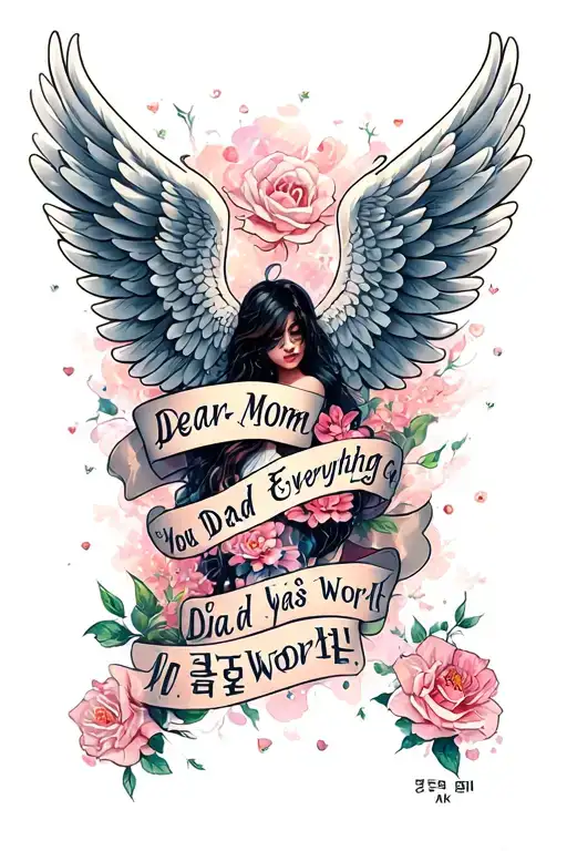 Angle wings with quotes written in Korean language dear mom dad everything you did was worth it tattoo design idea