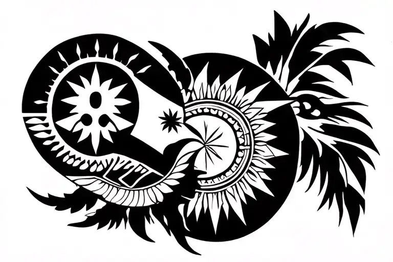 filipino tribal pattern incorporating elements and include philippine flag and sagittarius sign, also include sun and 3  tattoo design idea