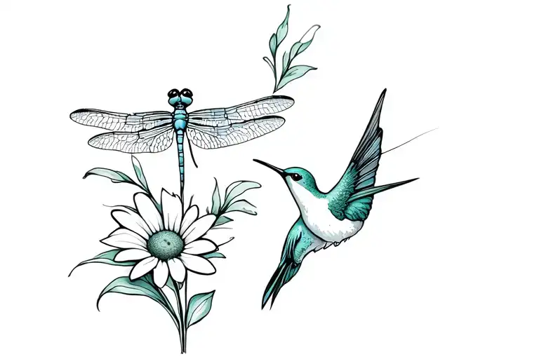 dragonfly and humming bird with daisy lily tattoo design idea