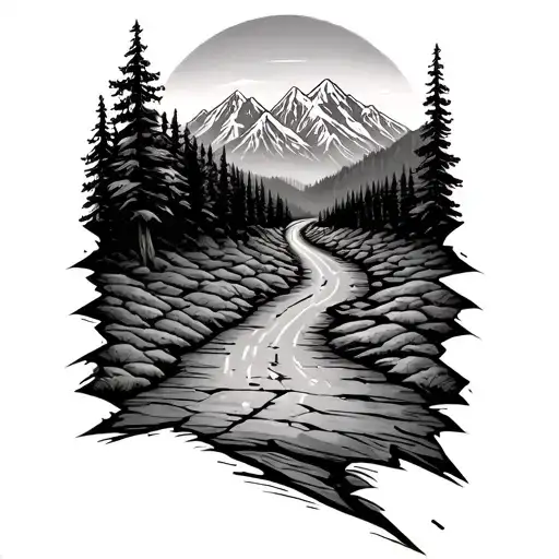 broken road winding road leading towards mountains tattoo design idea