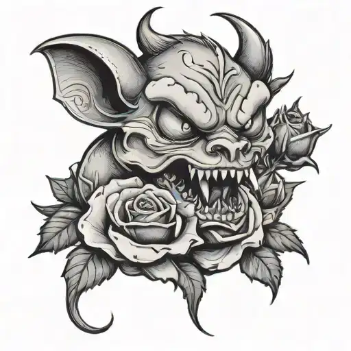 little devil with a dead rose in its mouth tattoo design idea