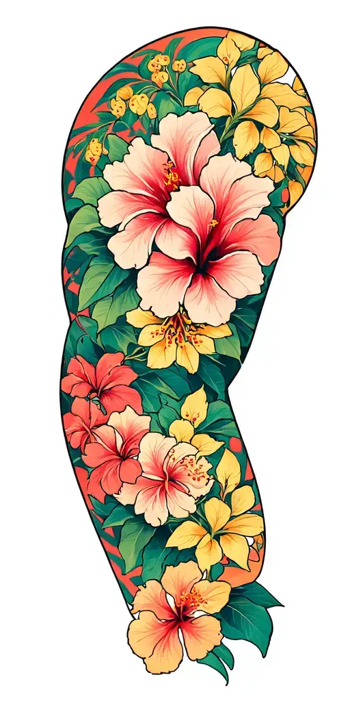 masculine arm sleeve with cherry blossoms, golden wattles, hibiscus syriacus, bougainvillea, sampaguita, and tigers claw tattoo design idea