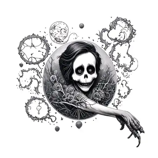 a complete arm on the universe of Tim Burton tattoo design idea