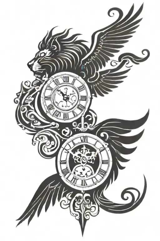 angle wings & lion head & clock & 630 tattoo design idea