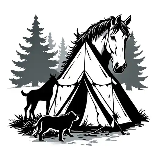 horse and dog next to camp tent in forest tattoo design idea