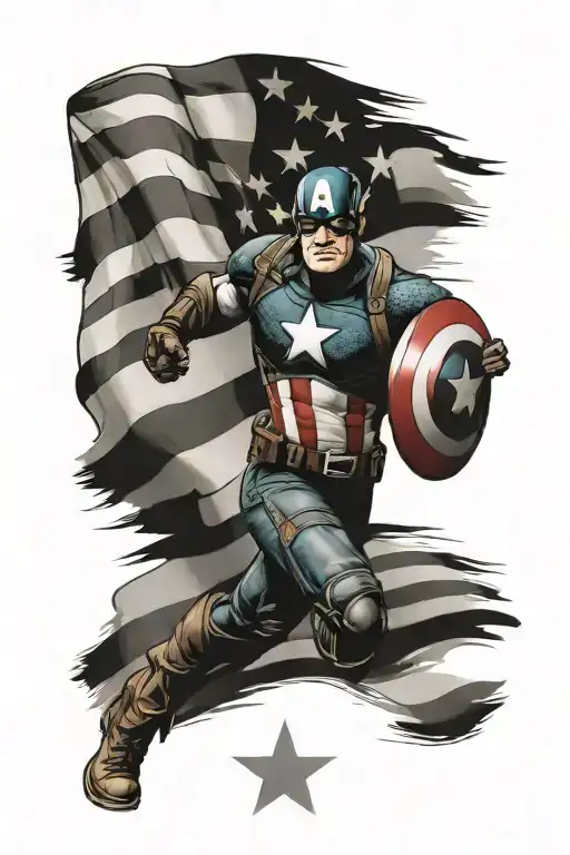 captain America flag in front of waving american flag tattoo design idea