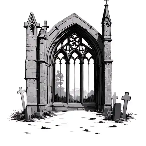 gothic church window with graveyard outside tattoo design idea