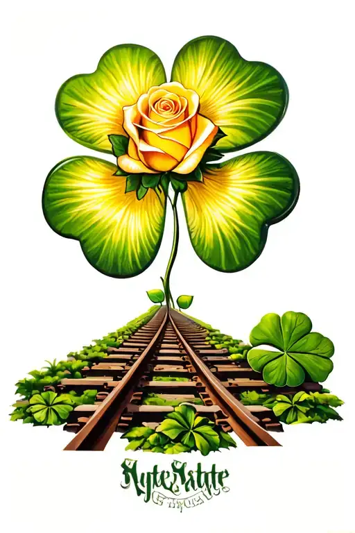 Rose, 4 leaf clover, golden wattle, train tracks forming the shape tattoo design idea