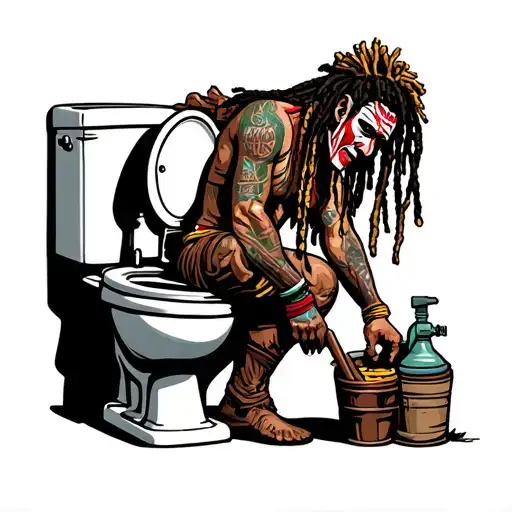 "Indigenous Plumbing " dreadlock painted face Native American plumber working on toilet tattoo design idea