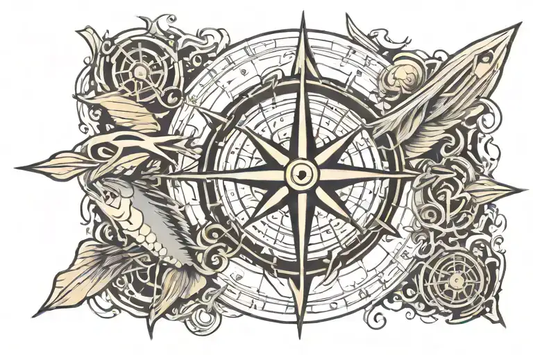 nautical compass with fish bone arrow tattoo design idea
