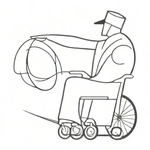 Abstract man with a robe of a cap sitting on a wheelchair.  Black and white and minimalistic but exciting painting tattoo design idea