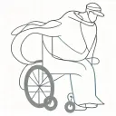 Abstract man with a robe of a cap sitting on a wheelchair.  Black and white and minimalistic but exciting painting tattoo design idea