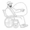 Abstract man with a robe of a cap sitting on a wheelchair.  Black and white and minimalistic but exciting painting tattoo design idea