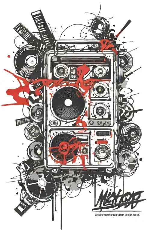 hip hop music motes with boombox graffiti style tattoo design idea