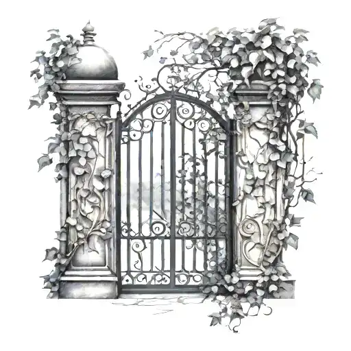 garden gate, ivy, stone, nature elements like trees tattoo design idea