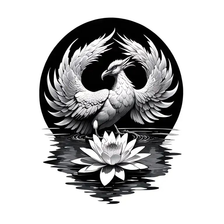 phoenix bird with water lily tattoo design idea