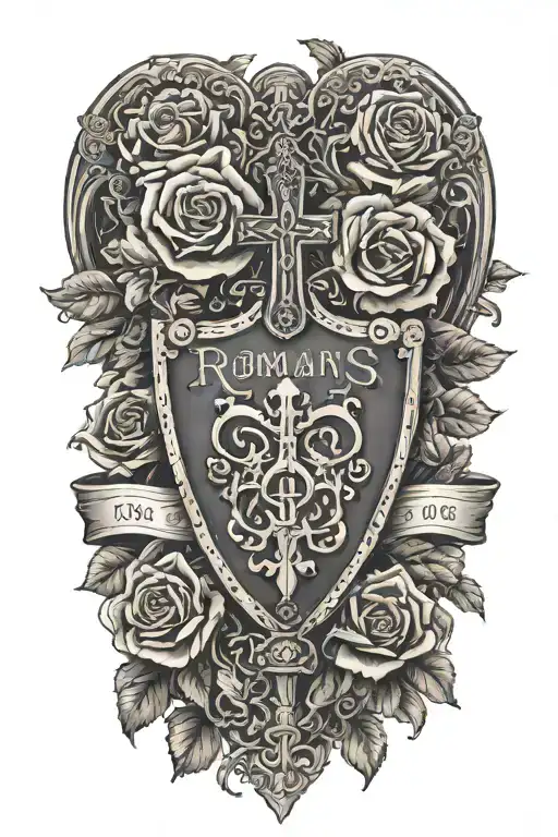 Romans 8:11 with cross and roses sacred heart shaped lock Roman 8:11 banner romans 8:11 tattoo design idea