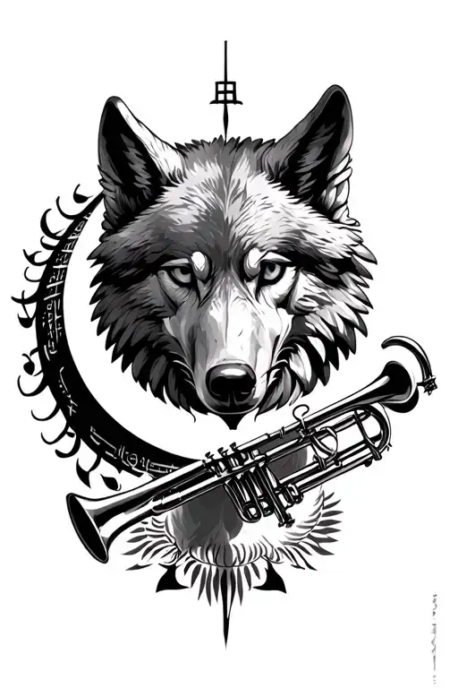 The combination of the moon and the wolf and the musical key of the trumpet and the eagle and the flag of Iran tattoo design idea