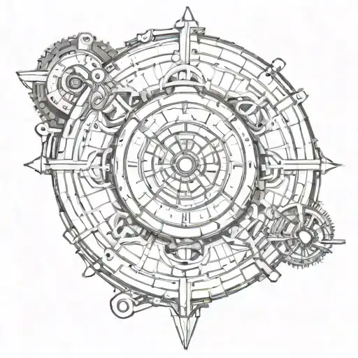 Schematic of a steampunk device. It's a big crystal surrounded by metal filigrine. Cilindrical shape tattoo design idea