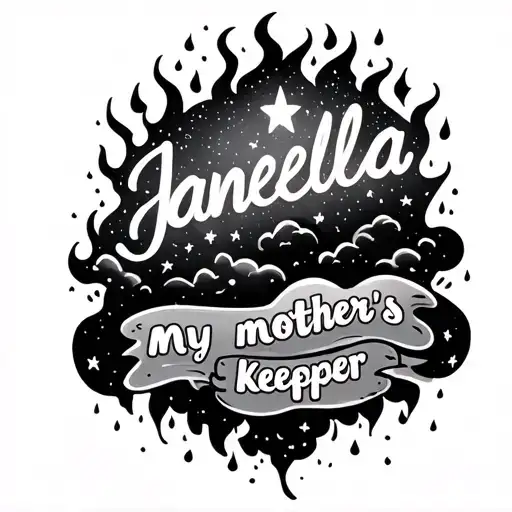 stars and clouds fire rain with the name janella written and its says my mother's keeper tattoo design idea
